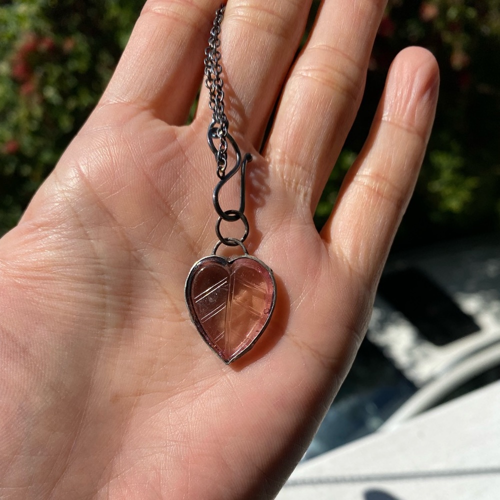 Carved pink tourmaline heart necklace